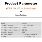 Worx WU809 Cordless Angle Grinder Brushless 20v 125x22.2 Clutch Protection for Polishing Cutting Share 5pin Green&Kress Battery